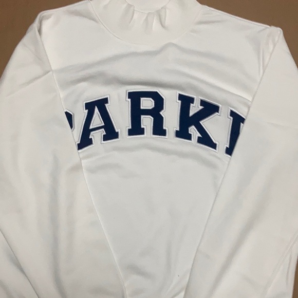 Minimalist white Mock Neck sweatshirt with Navy Logo accent size L / XL